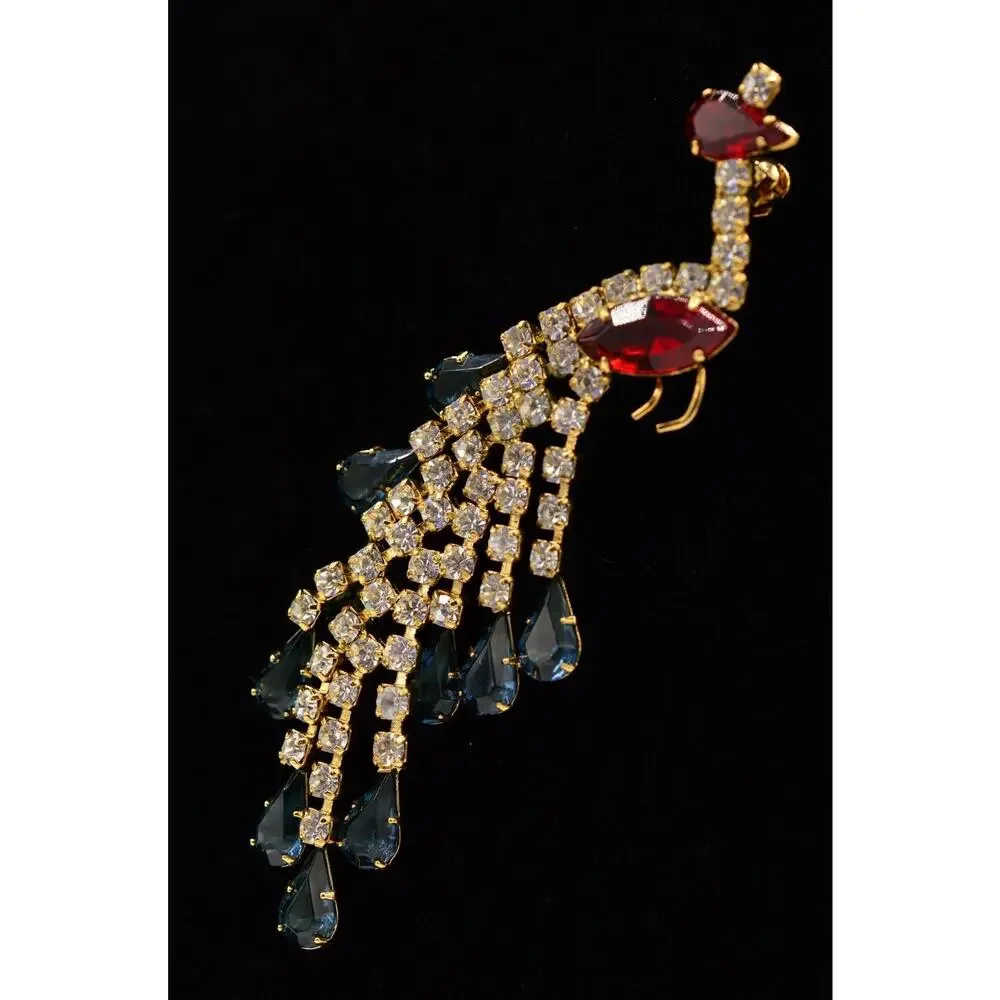 Vintage Crystal Peacock Pin Brooch Prong Blue Pink Rhinestone Gold NOS 1980s 9B